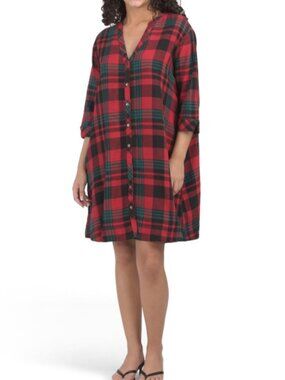 Nicole Miller Red & Green Plaid Button-Front Shirt Dress